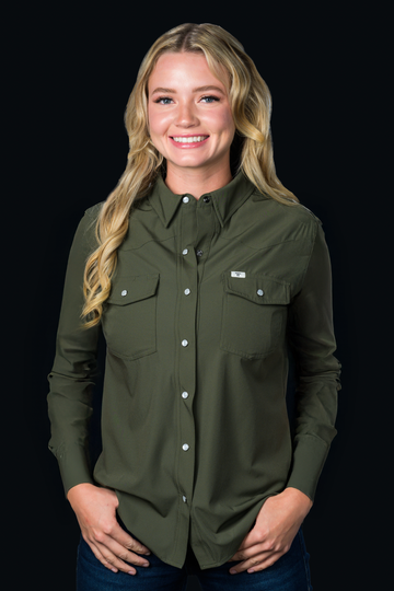 CORE - Women's Olive Green Long Sleeve Pearl Snap Shirt