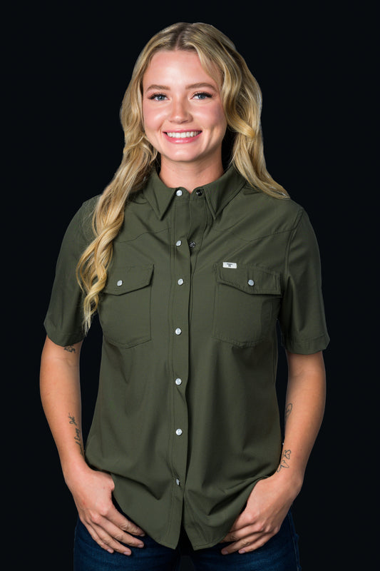 CORE - Women's Olive Green Short Sleeve Pearl Snap Shirt
