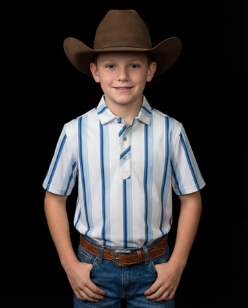 Kid's Tristan Polo in Blue Short Sleeve Pearl Snap Shirt