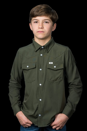 CORE - Kid's Olive Green Long Sleeve Pearl Snap Shirt