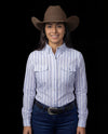 The Jackie in Blue Women's Pearl Snap Long Sleeve Shirt
